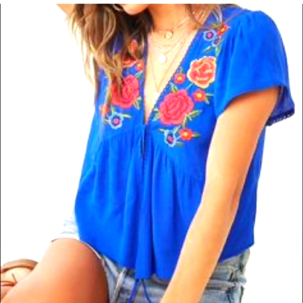 Forever 21 Royal Blue Embroidered Floral V-Neck Top